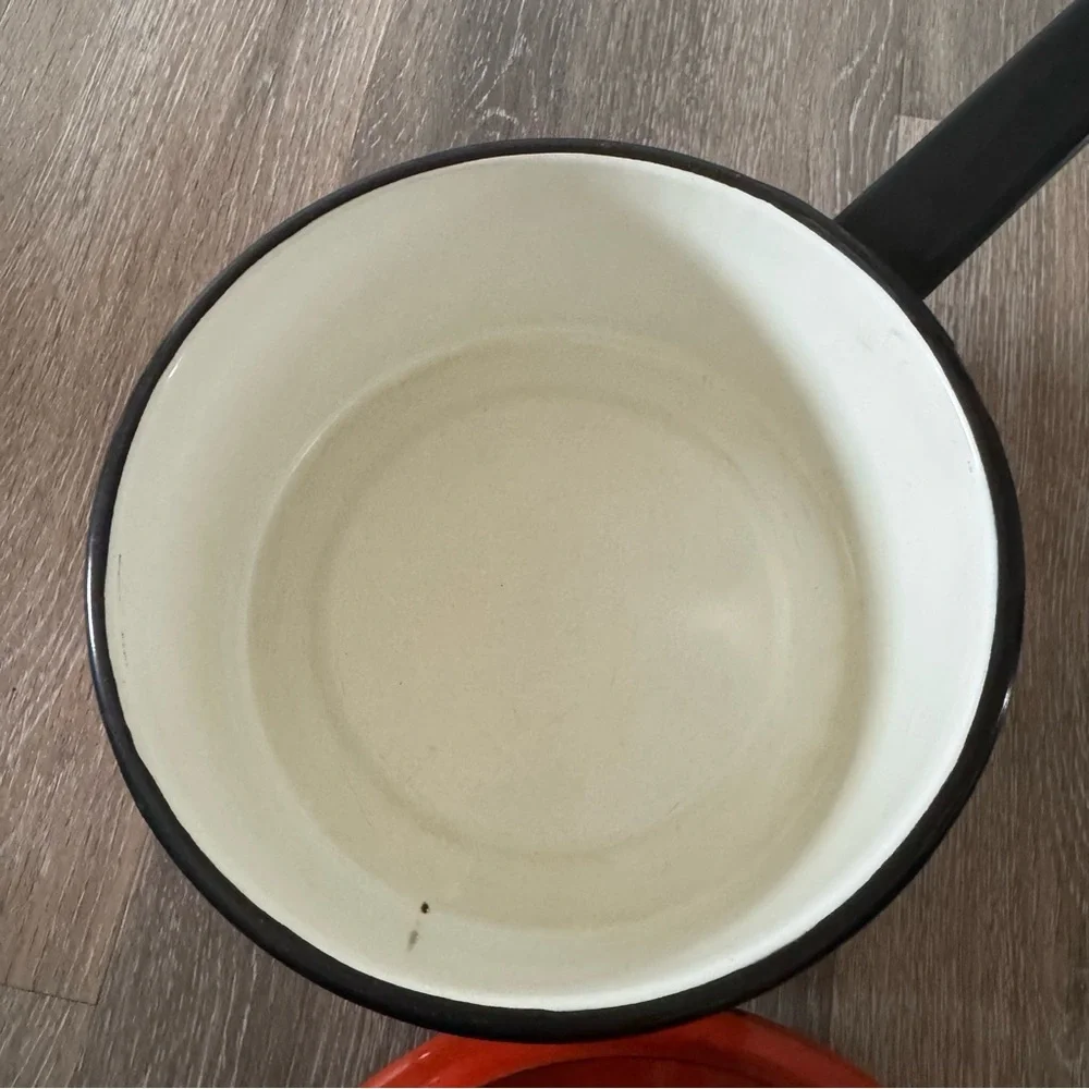 1970s Enamel Orange Stovetop Pot with Lid Medium Size